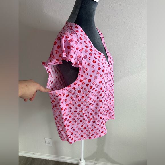 Pink Moon Floral Frill Sleeve Top-SZ 12 pink- ruffle- button up -valentine Linen - Picture 12 of 14
